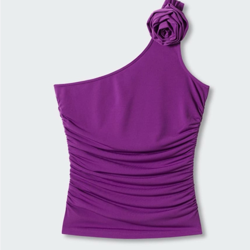 Mango Violet One-Shoulder Top with Floral Detail | Dressy top | Modern